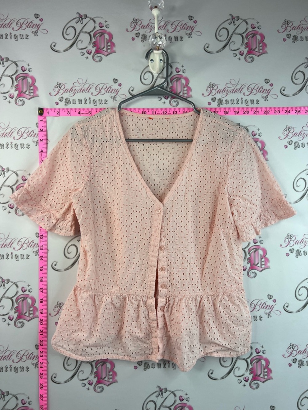 Joe Fresh shirt button up pink orange Pink Eyelet Peplum Button-Front Top